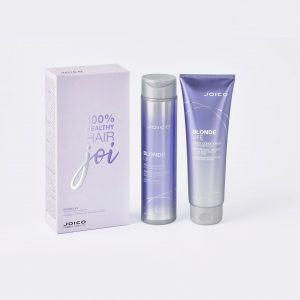 blonde life violet Shampoo and conditioner bottles with a white gift box