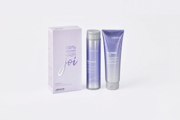 blonde life violet Shampoo and conditioner bottles with a white gift box